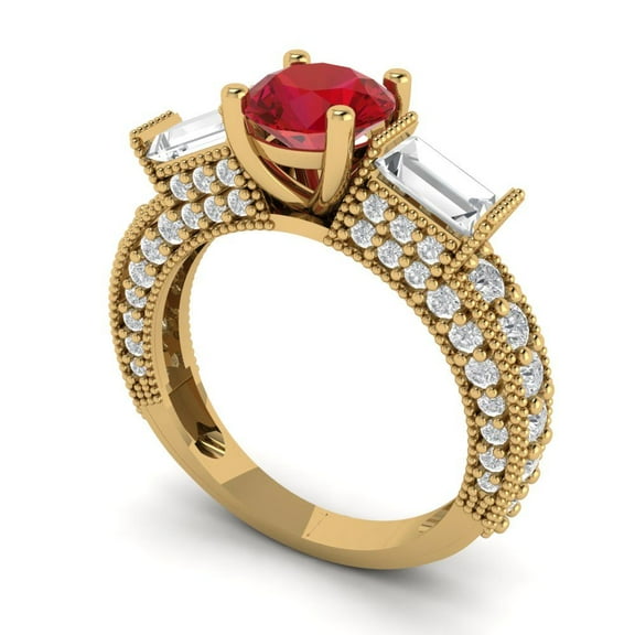 2.33 ct Round Cut Simulated Pink Tourmaline Three-Stone Engagement Ring for Women in 18K Yellow Gold