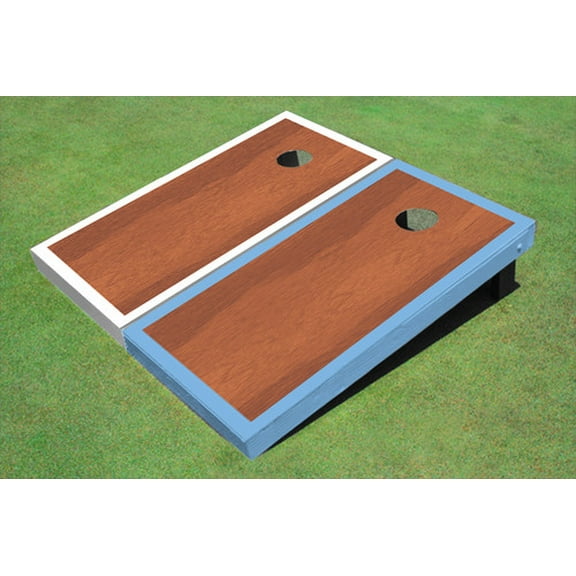 Rosewood Stained Center White And Light Blue Border Cornhole Board