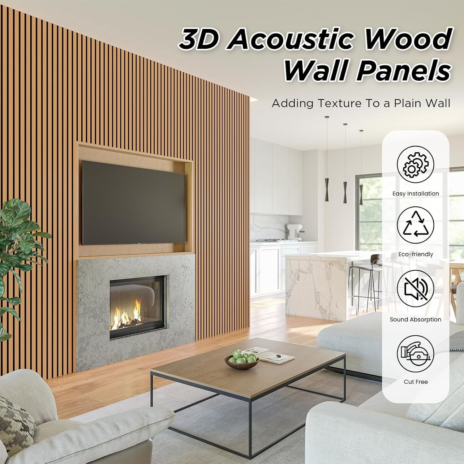 Easy4Home 2Pcs Acoustic Wood Slat Wall Panels 106"x20.5" Soundproof 3D Fluted Decorative Panels, Light Brown