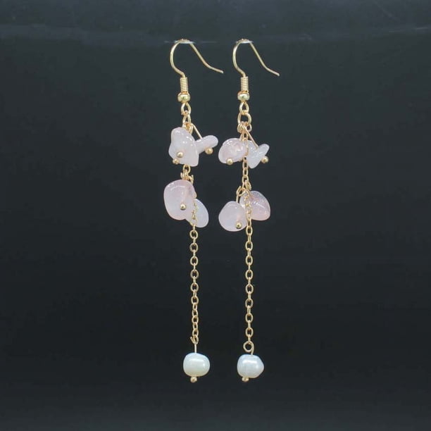 Nvzi Pendientes de borlas de perlas de cristal de piedra triturada Nvzinatural, pendientes largos de piedra triturada (rosa claro)