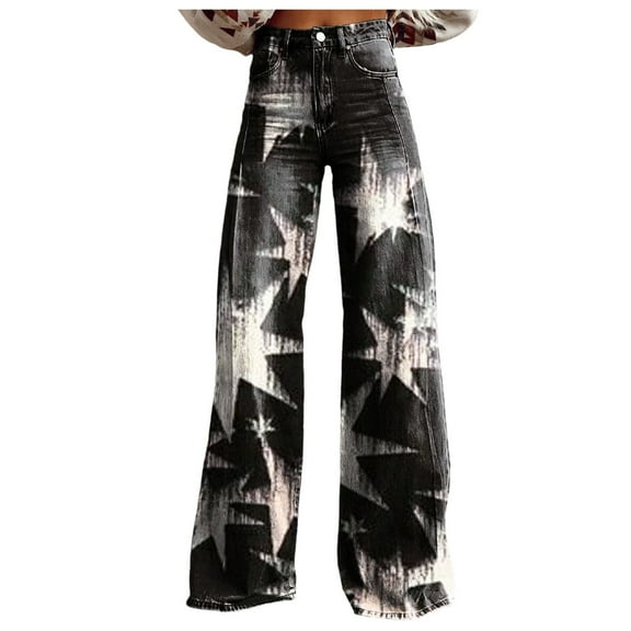 VNKIDY Womens Boho Print High Waist Wide Leg Jeans Colorful Floral Patchwork Loose Fit Retro Denim Pants For Casual Daily Streetwear Wear Dark Gray XXL