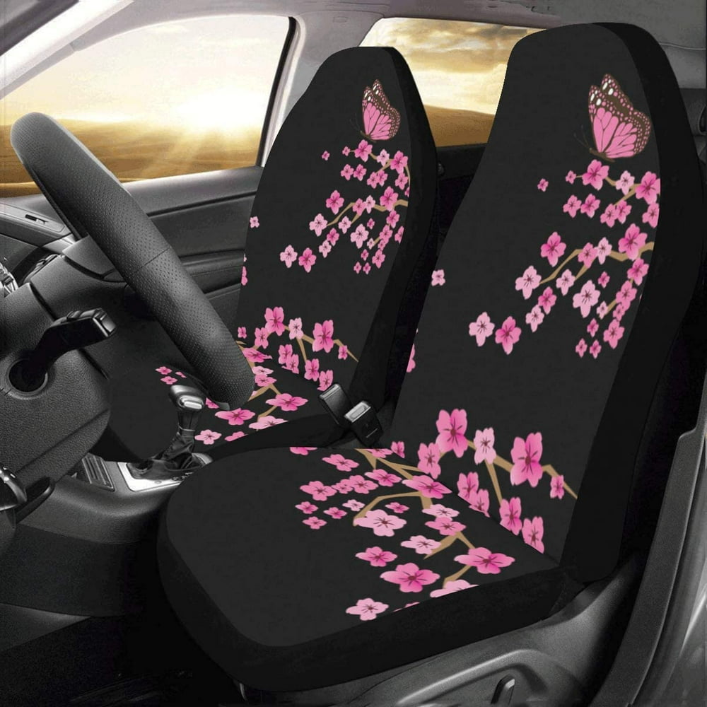 FMSHPON Set of 2 Car Seat Covers Cherry Blossom with Butterflies Universal Auto Front Seats