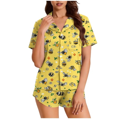 AHTJRT Pajama Sets for Women 2 Piece Outfits V Neck Button down Short Sleeve Shirt and Shorts Wrinkle Free Ultra Stretch Summer Pjs Sleepwear Sets Brown XXL