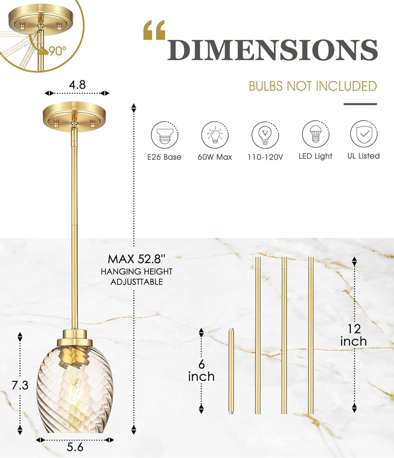 Gold Pendant Light, 1-Light Pendant Lights Kitchen Island with Striped Amber Glass Shade, Modern Hanging Light Fixtures for Entryway Dining Room, AD-22299-1P-OR