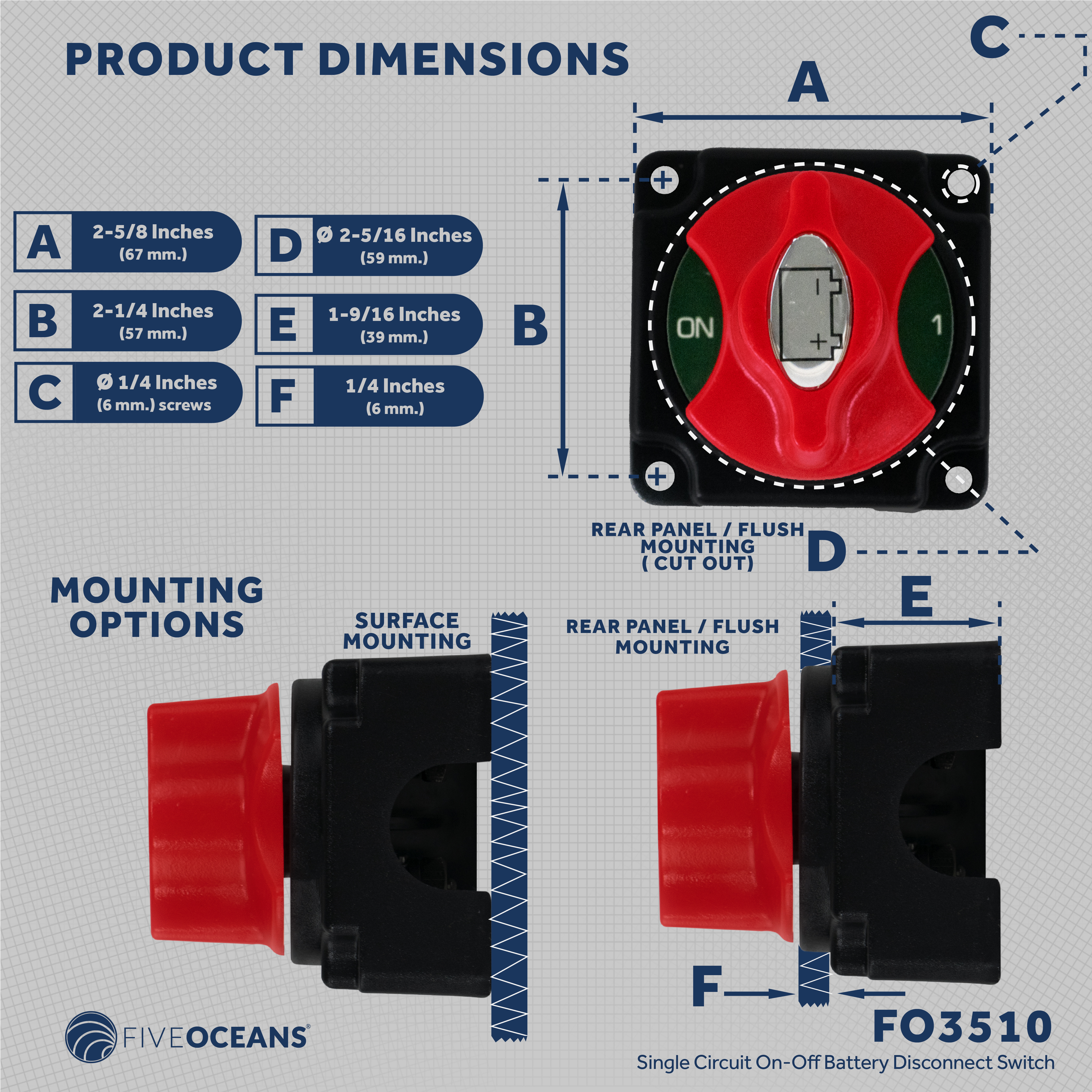 Five Oceans FO3510 Battery Disconnect Switch, Marine Battery Switch On-Off with Knob, 250 Amp Continuous 350 Amp Intermittent, 12-24 Volts