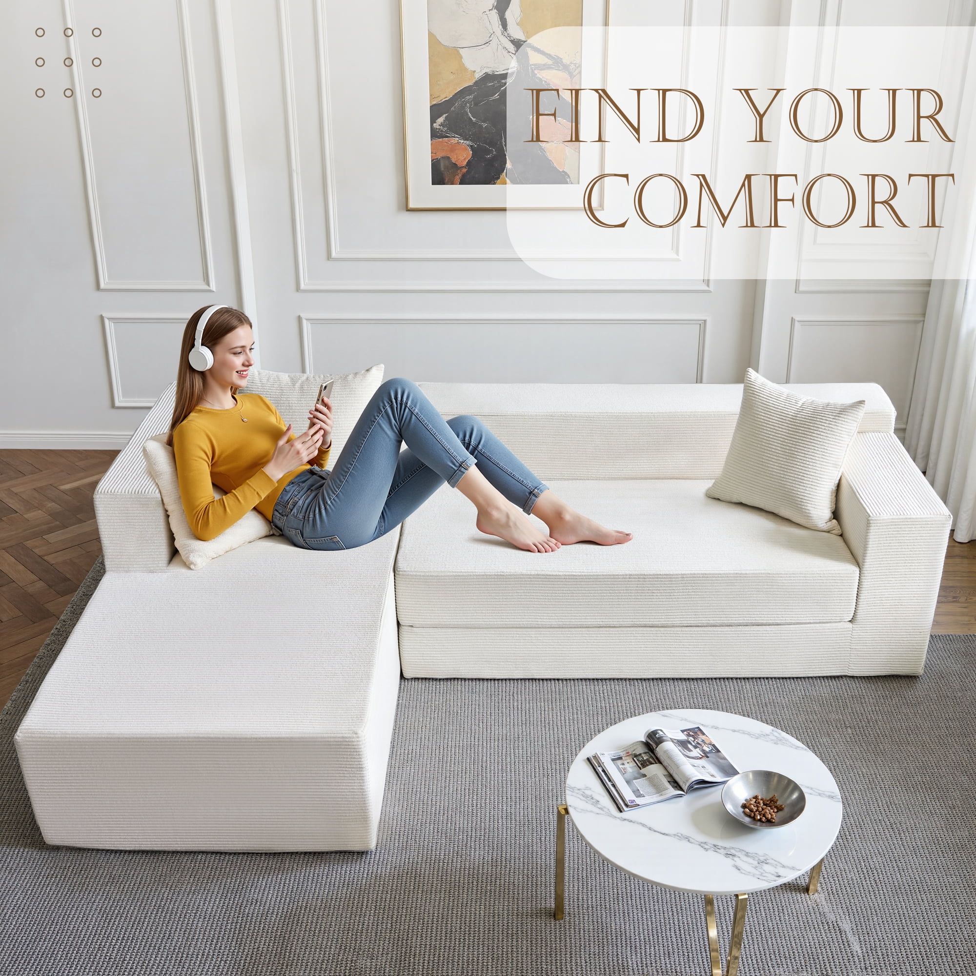 YINIX 106.5" Modular Sofa Couch for Living Room , Cloud L-Shaped  Sofa with Deep Seating Upholstered, Beige