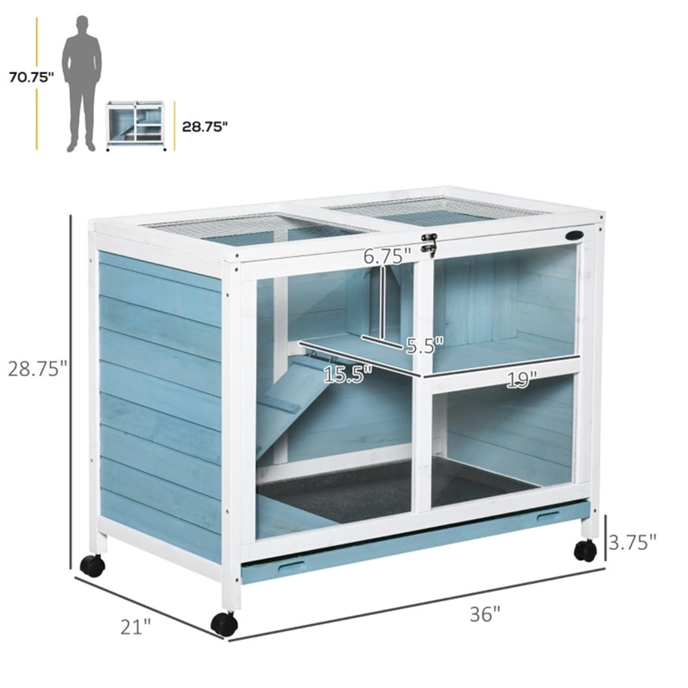 Kepooman 2 Tier Solid Wooden Rabbit Cage with 2 Transparent Rooms for Real Time Observation of Pet Status, Indoor Outdoor Rabbit Cage Guinea Pig Cage Small Animal Pet House, Light Blue