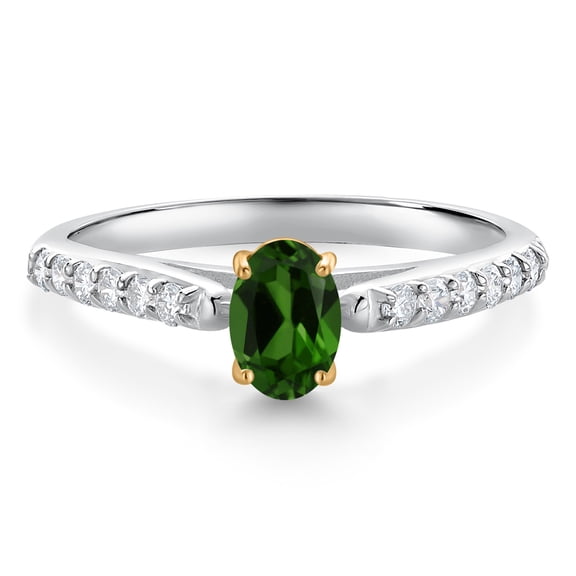 Gem Stone King 10K White and Yellow Gold Green Chrome Diopside and White Lab Grown Diamond Engagement Ring for Women (0.73 Cttw, Oval 6X4MM, Gemstone Birthstone, Size 7)