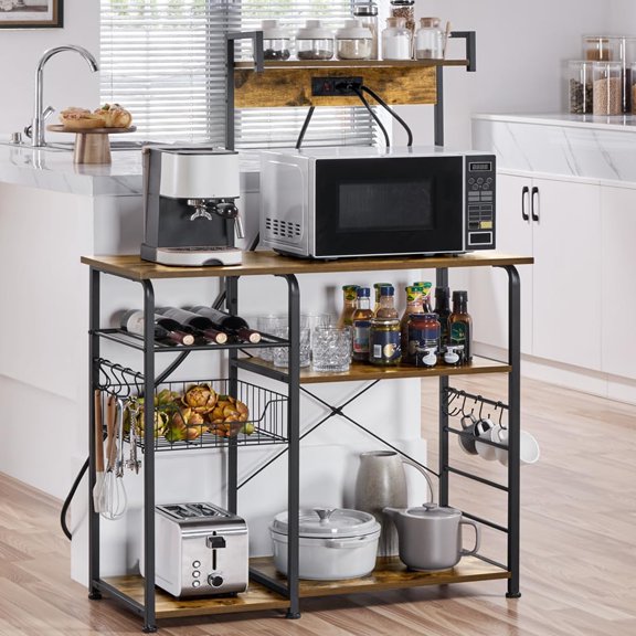 YYEAN Kitchen Bakers Rack with Power Outlet, Coffee Bar Microwave Stand with Wire Basket and Wine Rack & 10 S-Hooks, Kitchen Island with Storage for Spices/Pots/Pans, Rustic Brown