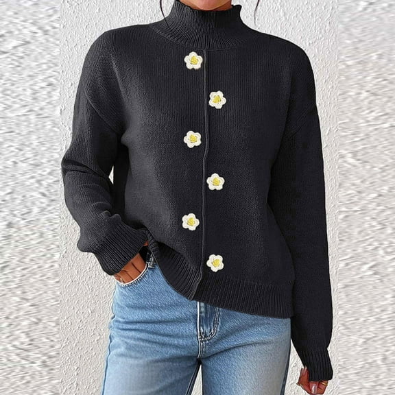 Zedker Casual Stand Collar Long Sleeve Comfy Elastic Cuffs Women's Fall and Winter Thermal Knitted Sweaters with Flower Decoration,Black,L