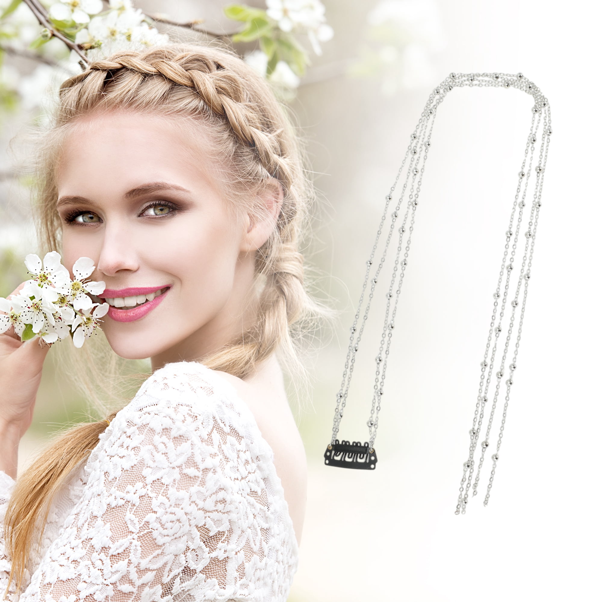 Unique Bargains Beads Braided Hair Chain 1 Pc Elegant Hair Accessory Vintage Silver Tone