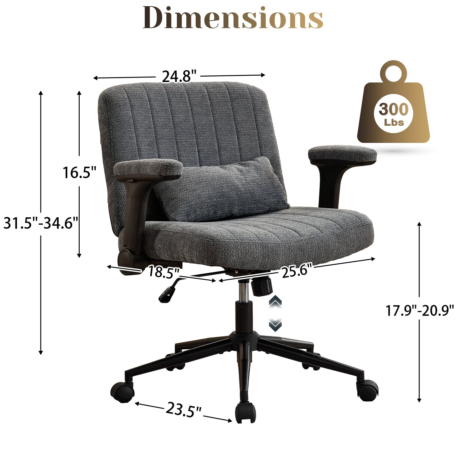 IPKIG Ergonomic Office Chair with Wheels and Flip-Up Arms, Wide Seat Swivel Desk Chair for Home Office, Computer, Vanity, Chenille Dark Gray