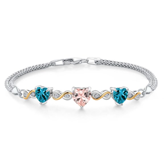 925 Silver and 10K Yellow Gold Peach Nano Morganite and London Blue Topaz and Lab Grown Diamond Bracelet for Women (3.23 Cttw, October Birthstone, Heart 7MM and 6MM, 6.5/7/7.5 inch, Made in Italy)