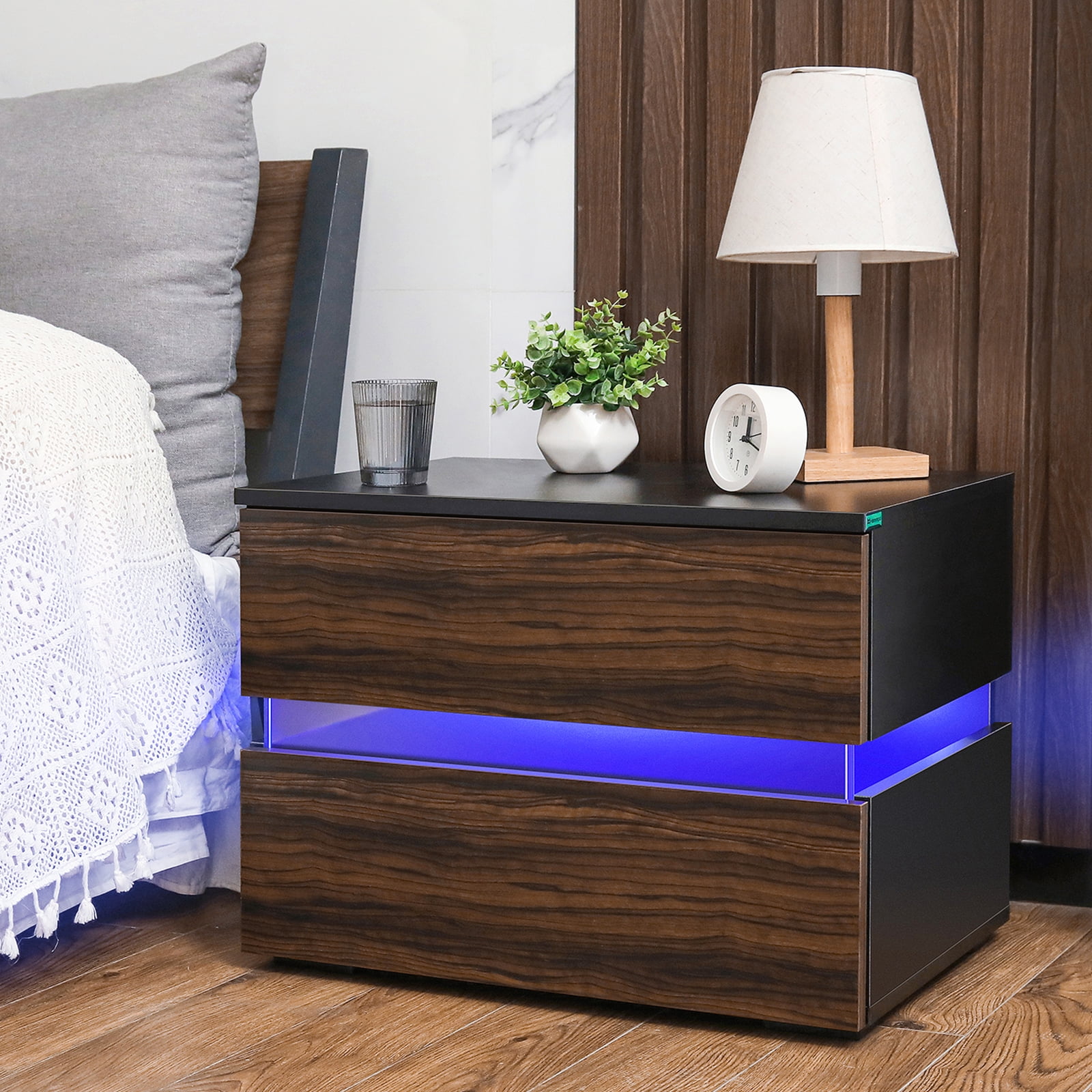 Hommpa High Gloss LED Nightstand Modern 2 Drawers Bedside Table Middle