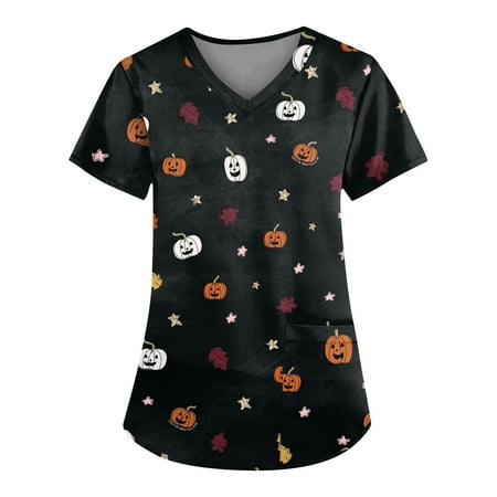 

Knosfe Womens Scrub Tops Medical Workwear Short Sleeve Nurse Scrubs for Women Clearance Pumpkin Ghost Bat V Neck Halloween Women Tops Trendy with Two Pockets White M