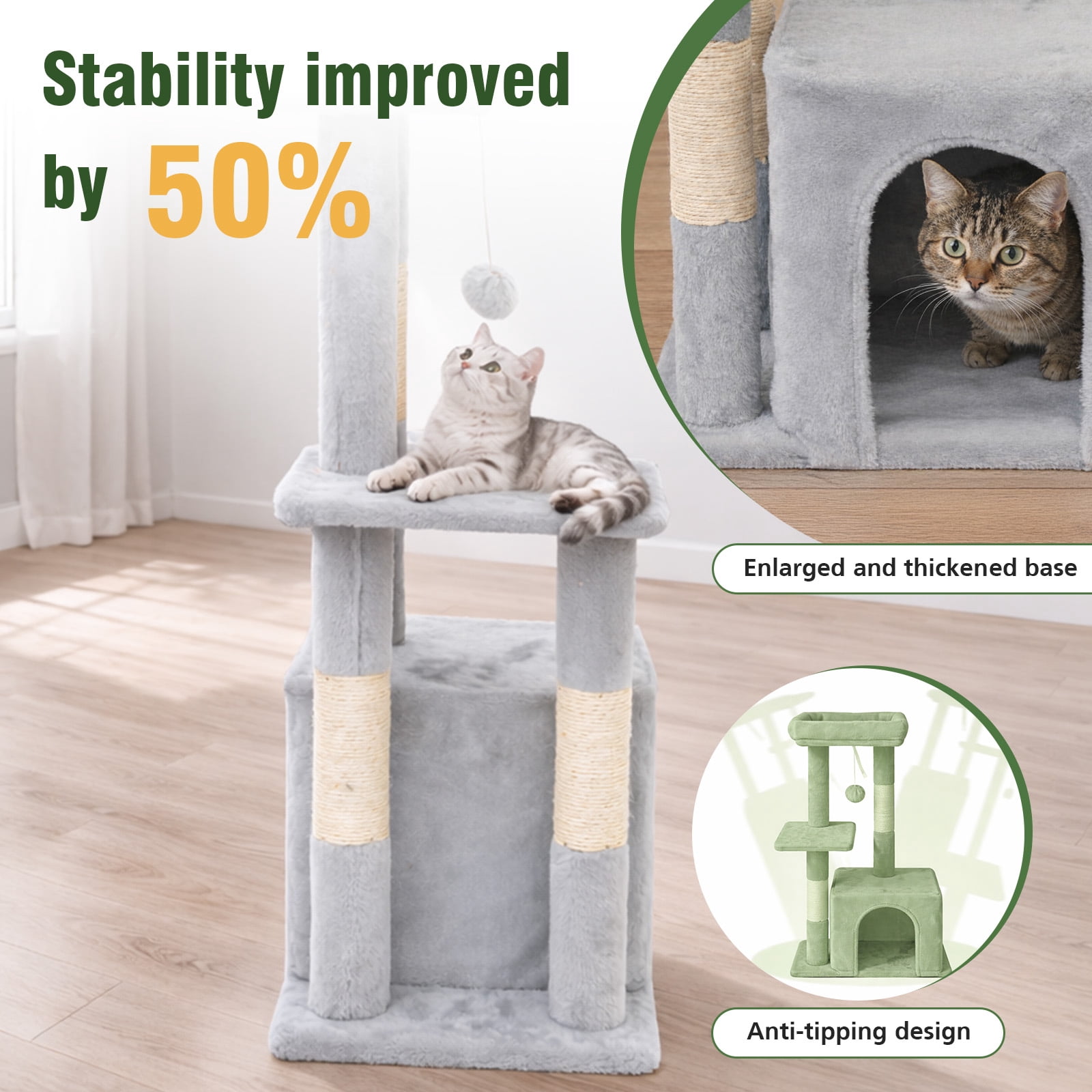 Samll Cat Tree, Multi-Level Cat Tree Tower with Sisal Scratching Posts, Condos, Plush Perches, Hanging Cat Toys, Light Gray