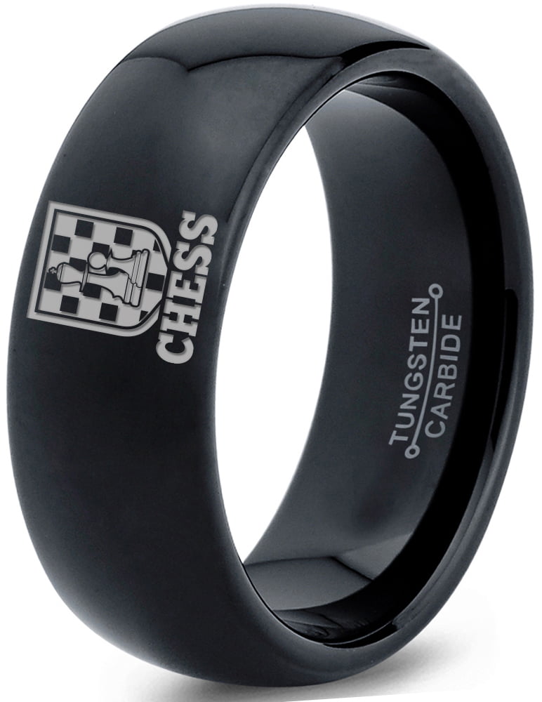 Tungsten Chess Piece Checkers Game Band Ring 8mm Men Women Comfort Fit Black Dome Polished