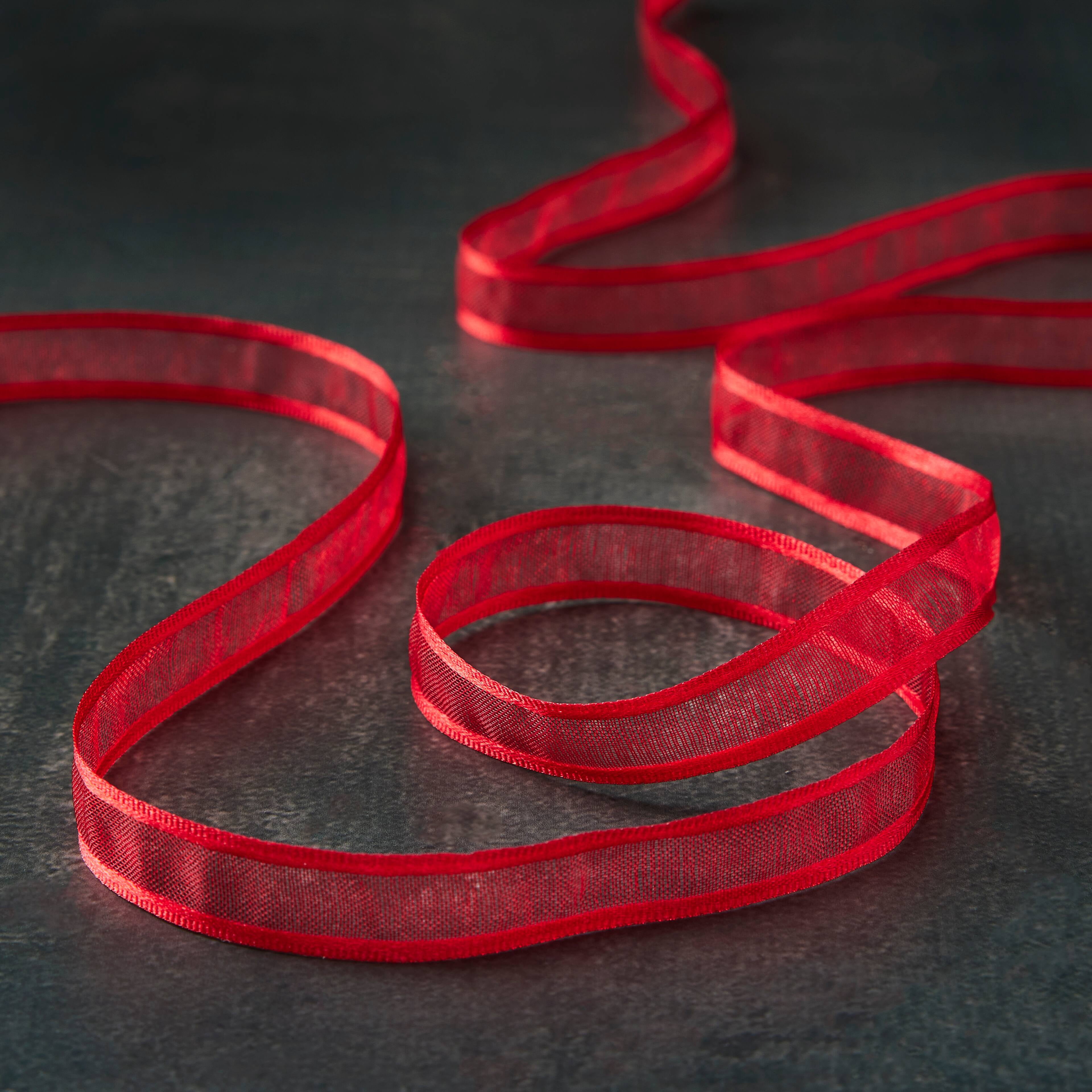 Celebrate It 3/8" x 5yd. Red Sheer Satin Ribbon - Assorted Colors, Non-Wired with Woven Selvage, Nylon, Ideal for Gift Wrapping, Baskets & DIY Crafts, 24 Pack