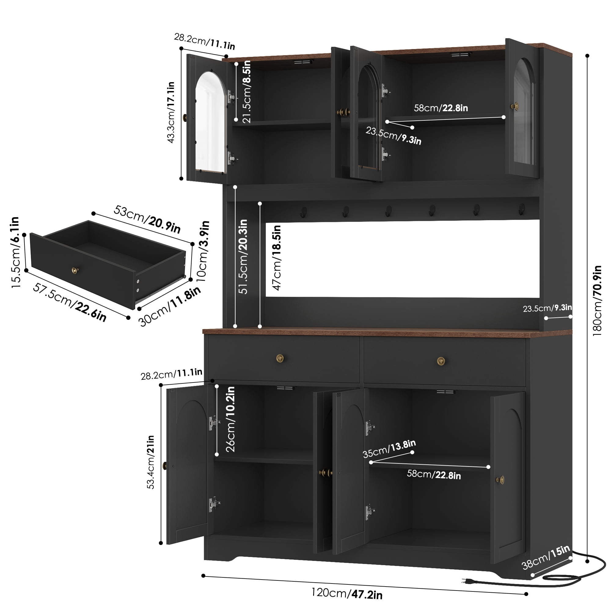 Homfa 71" Kitchen Pantry with LED Lights and Charging Station, Freestanding Kitchen Cupboard with Storage and Microwave Stand, Floor Cabinet for Dining Living Room, Black