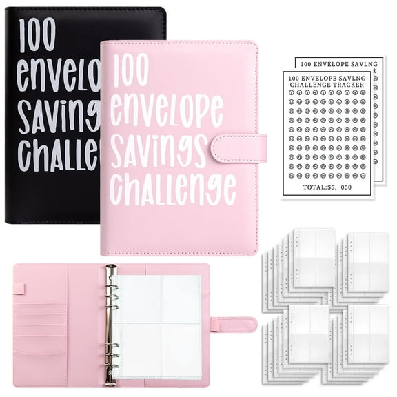 AGCAN 2 Pack 100 Envelopes Money Saving Challenge, Envelopes Challenge Binder for Savings Goals of $5,050, Savings Challenges Book with Envelopes & Challenge Sticker (Pink Black)