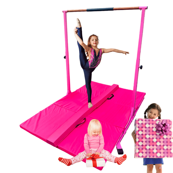 ToyKraft Ensemble Complet de Barre de Kip de Gymnastique 5 Pi avec Tapis 6 Pi x 4 Pi et Poutre d'Équilibre 8 Pi pour Enfants, Maison, Garçons et Filles, Ensemble d'Entraînement de Barre de Gymnastique Ajustable pour la Maison Rose