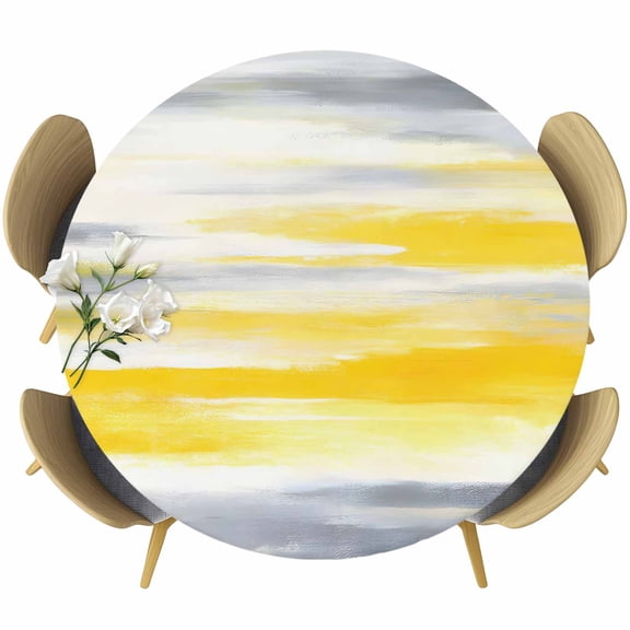 Yellow Grey Round Tablecloth 45-54 Inch Round Fitted Table Cloth with Elastic Edge, Vintage Farmhouse Abstract Oil Painting Waterproof Table Cover Protector for Outdoor Picnic Party Dining