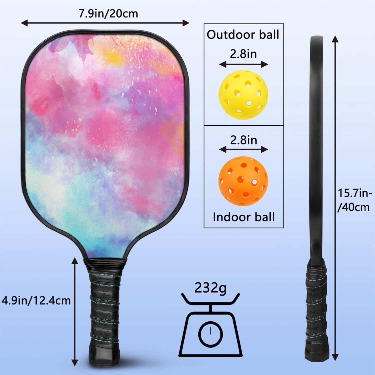 Pickleball Paddles Set Of 2, Fiberglass Surface, Fluid Smoke Aurora Art Style, 4 Balls & Bag