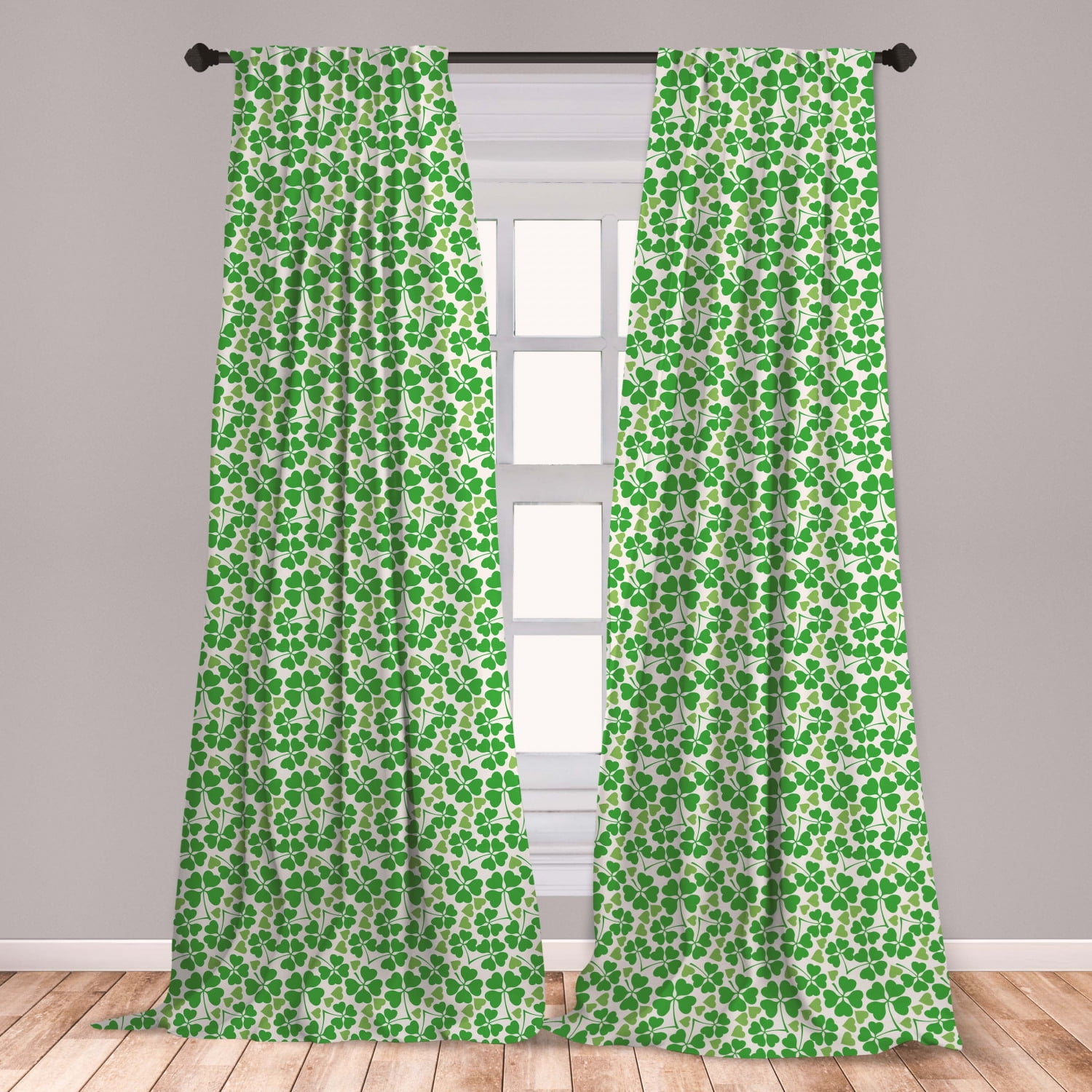 Irish Curtains 2 Panels Set, Gaelic Nature Garden Theme Spring Clovers
