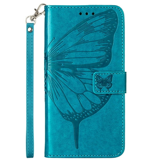 Design for Samsung Galaxy S22 Ultra 6.8 Inch Wallet Case, PU Leather Stylish Butterfly Flower Pattern Shockproof Flip Folio Phone Cover with Kickstand Wrist Strap Card Slots Magnetic Clasp Case,Blue