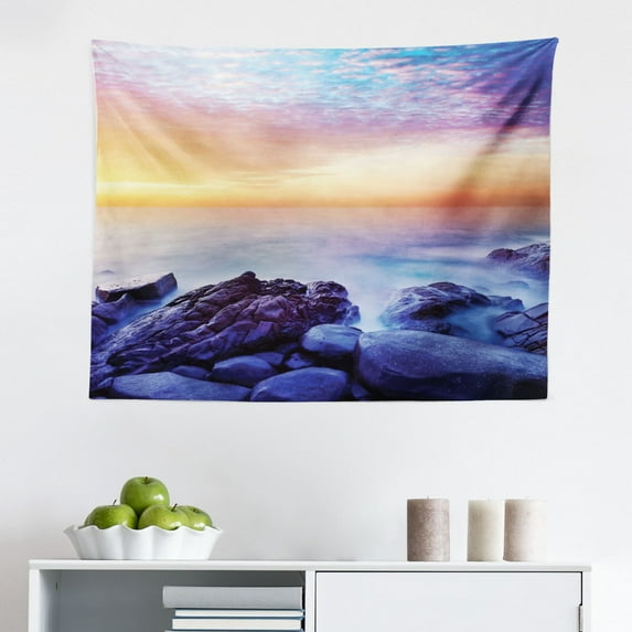 Beach Tapestry, Sunset Scenery in Sandy Beach with Rocks and Waves Lonely Peace Morning Dream Earth, Fabric Wall Hanging Decor for Bedroom Living Room Dorm, 2 Sizes, Blue Yellow, by Ambesonne