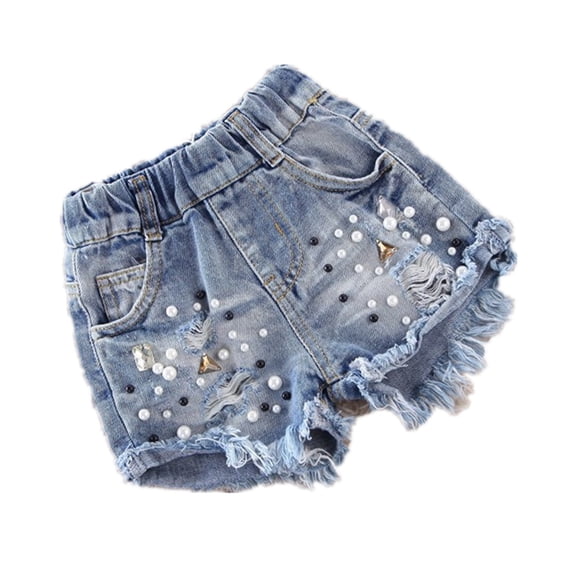 1-12 Years Girls' Denim Shorts Retro Nostalgic Hole Pearl Children's Jeans Shorts