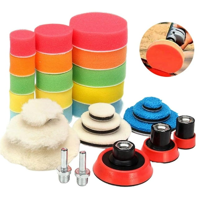 facefd 29Pcs Drill Buffing Pad Detail Polishing Pad Mix Size Kit with 5/8-11 Thread Backing Pad and Adapters for Car Sanding Polishing Waxing Sealing Glaze