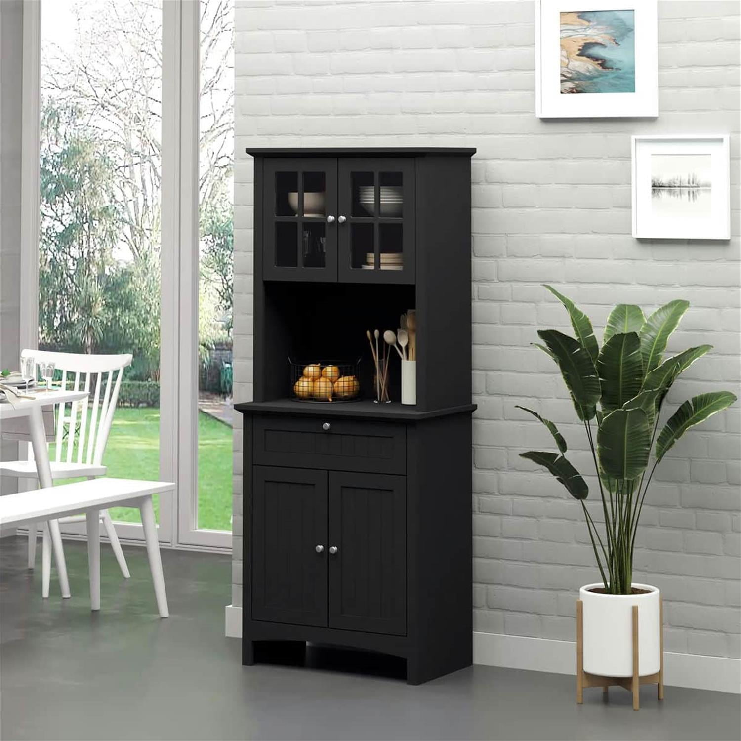 Demi Bonn 64" Modern Buffet Hutch, Kitchen Pantry Storage Cabinet with Glass Door & Drawer, Microwave Compartment for Dining Room, Home Storage, Black