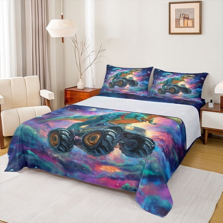 Homewish Space Dino Queen Sheets Cool Monster Truck Queen Sheet Sets Cartoon Wildlife Decor 4pcs 1 Flat Sheet 1 Fitted Sheet and 2 Pillowcases