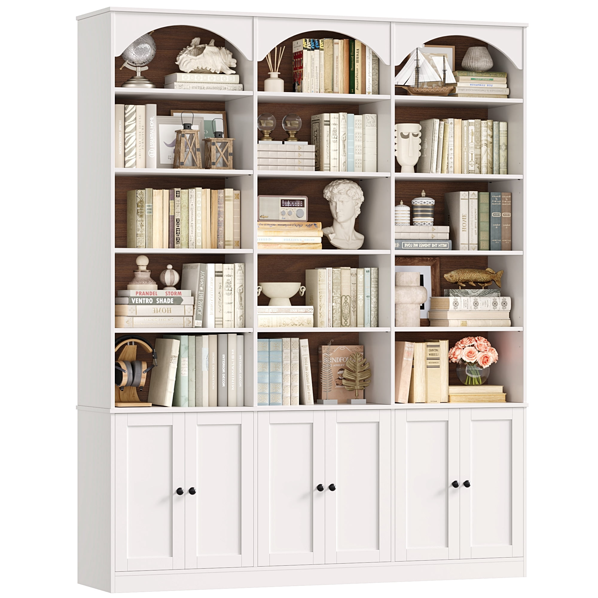 Hiphuta 78" Tall Triple Wide Bookcase with 6 Adjustable Shelves, Large Arched Book Shelf with 15 Cubes and 6 Doors, for Home Office Living Room, White & Walnut