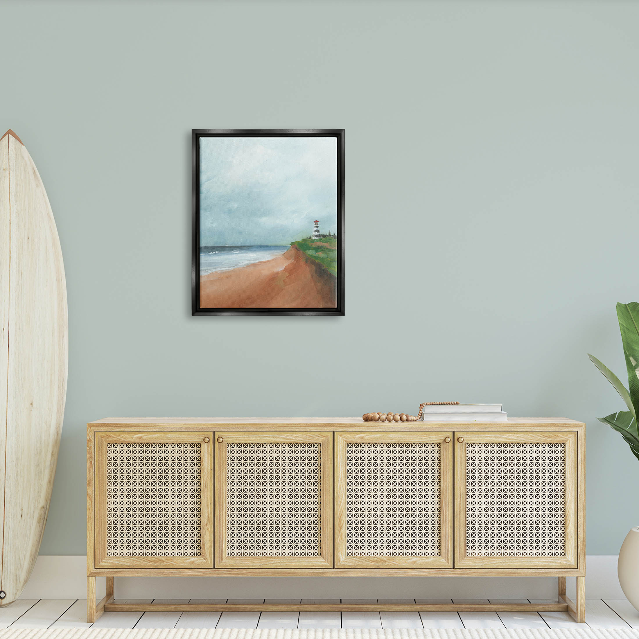 Distant Lighthouse Beach Shore Coastal Painting Jet Black Framed Art Print Wall Art