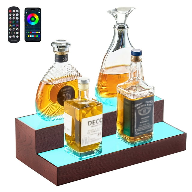 VEVOR LED Lighted Liquor Bottle Display, 2-Tier 16 Inch Whiskey Rack, Supports USB, Illuminated Home Bar Shelf with RF Remote & App Control