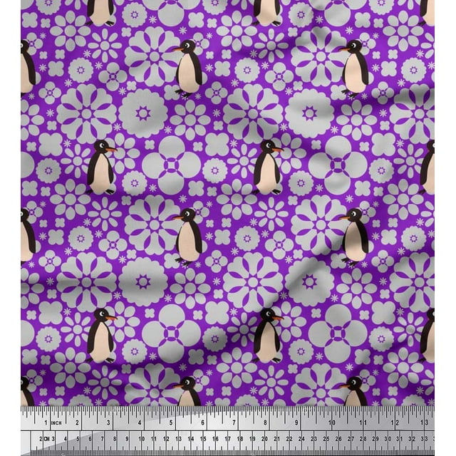 Soimoi Polyester Crepe Fabric Floral & Penguin Ocean Fabric Prints by Yard 42 Inch Wide