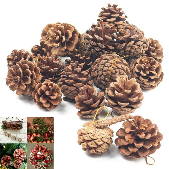 Natural Pine Cones, GIXUSIL 12 Pcs Christmas Rustic Pinecones with Golden Color Hoop， Thanksgiving Garland Decorations, Christmas Tree Fall Ornaments