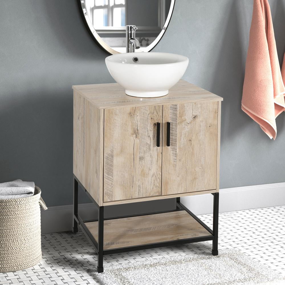 Eclife 24" Farmhouse Bathroom Vanity with Rustic Oak Wood Top,White Ceramic Sink, Water Save Faucet,Solid Brass Pop Up Drain