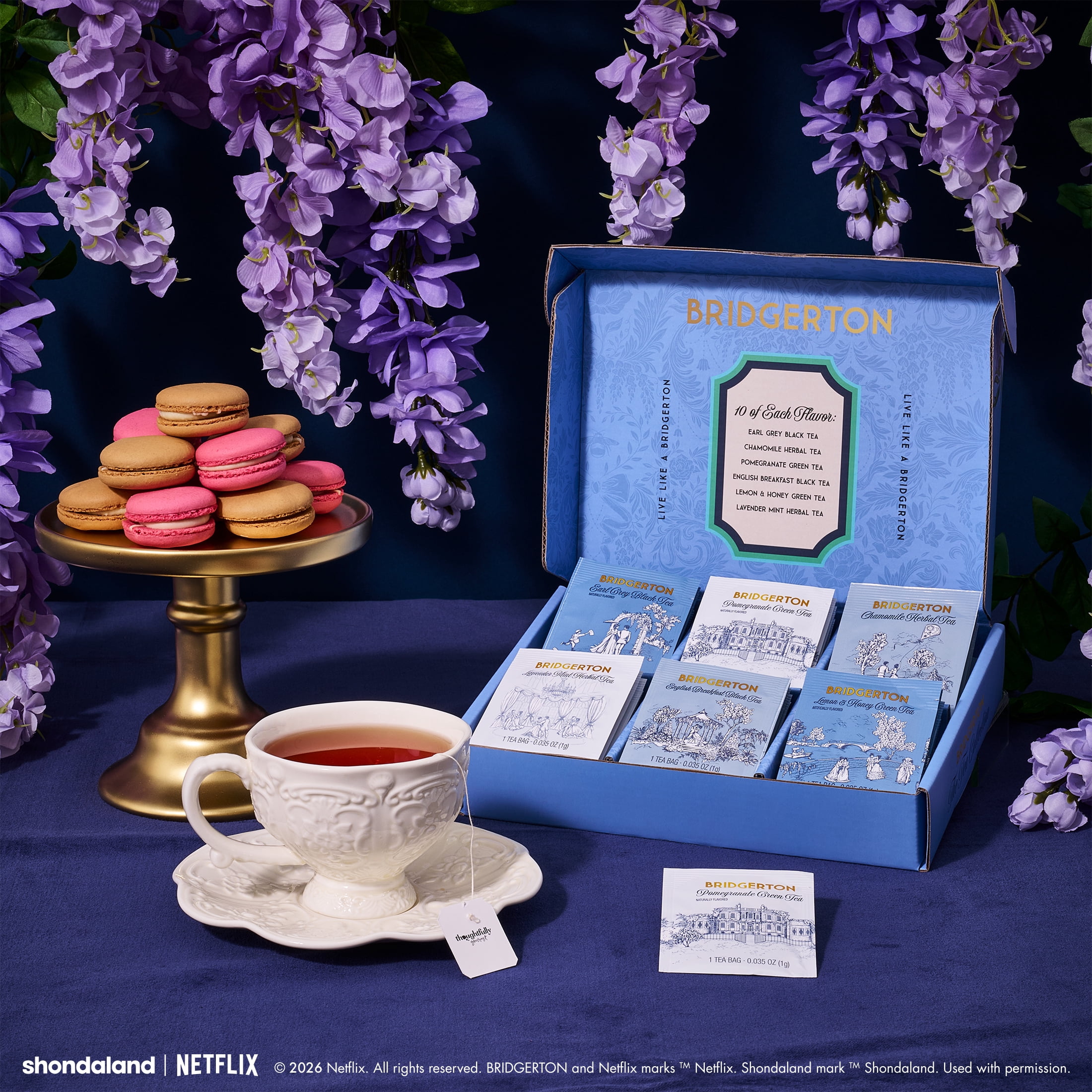Bridgerton The Tea Collection Officially Licensed Tea Gift Set, 60 Premium Tea Bags with Herbal, Black & Green Tea Blends Bridgerton Inspired Tea Box for Fans and Book Lovers