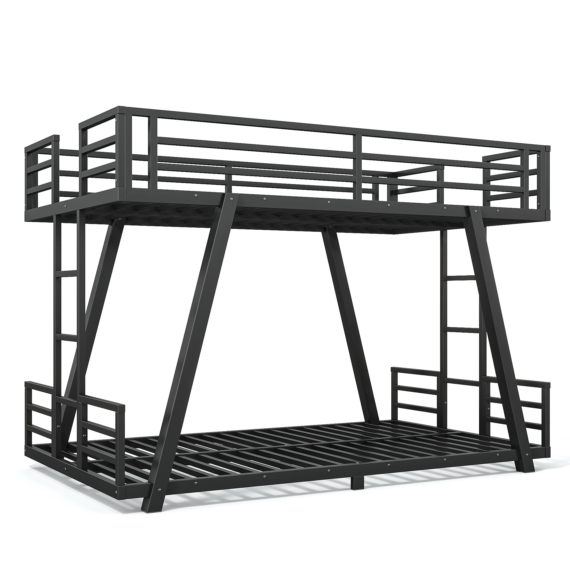 Leumius Twin XL over Twin XL Bunk Bed Frame with 2 Side Ladders, Metal Bunk Bed with Spdcial Support Leg Design and LED Light, Low Profile Bunk Bed for Teens Adults Black