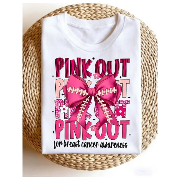 Women's Pink Out Breast Cancer Awareness T-Shirt Football Bow Graphic Short Sleeve Casual Tee