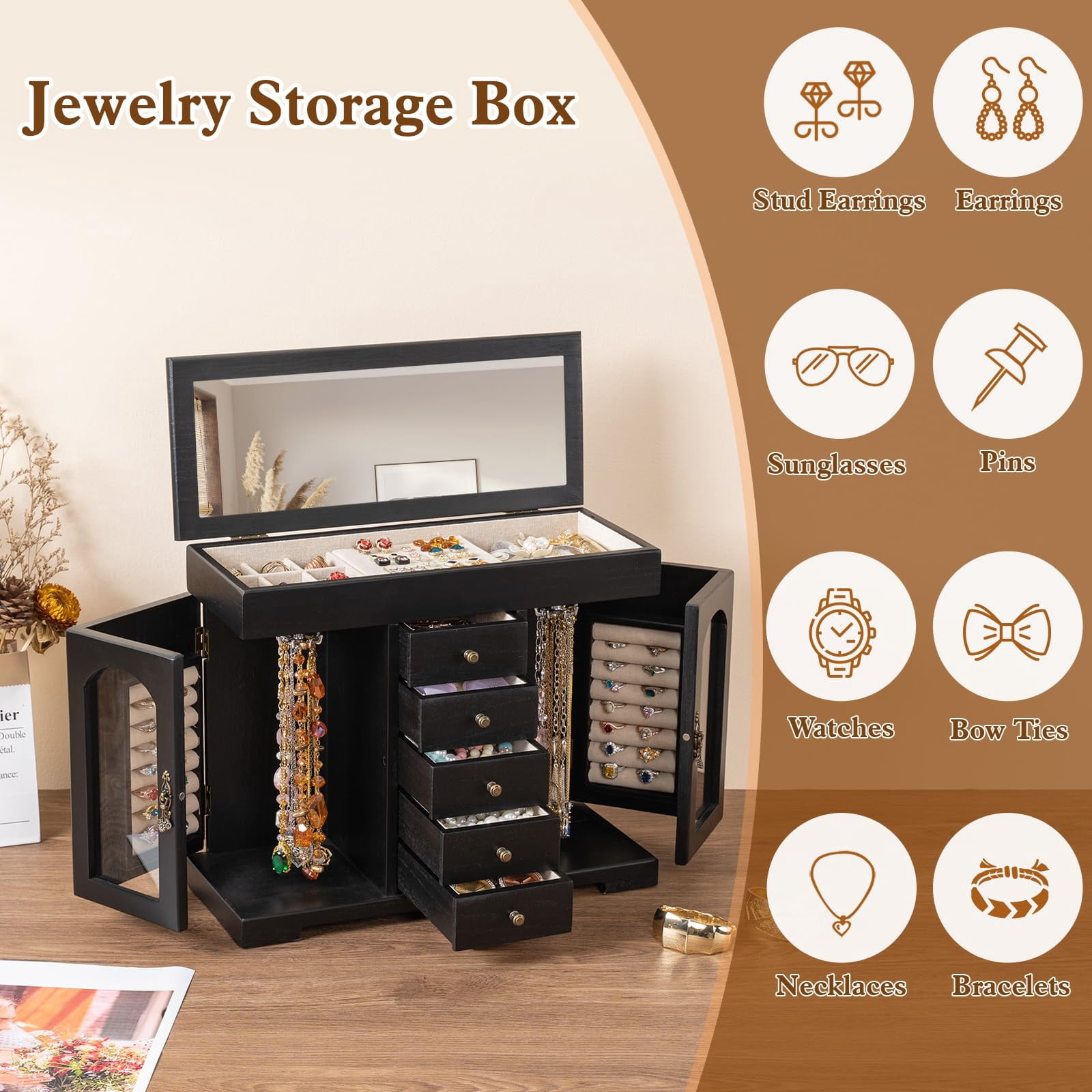 Sfugno Jewelry Box for Women Girls, Wooden Jewelry Organizer Box with Mirror, 5 Layer Jewelry Storage Case,Black