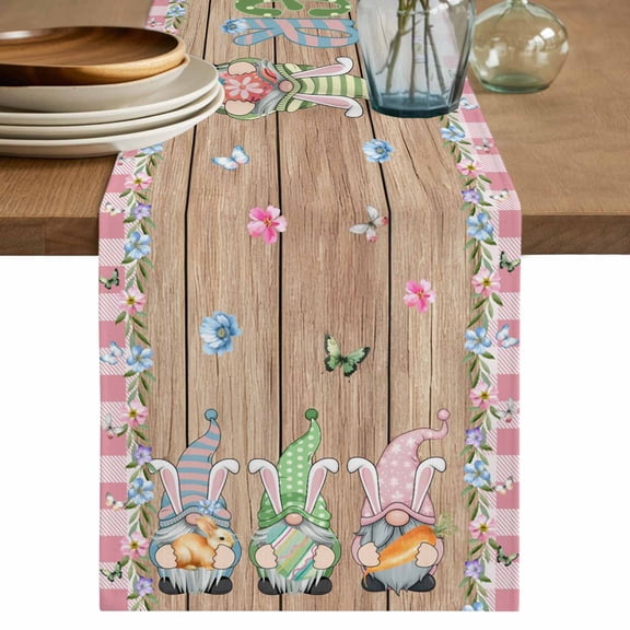 Table Runner 60 Inches Long for Kitchen Dining, Happy Easter Dresser Scarf Farmhouse, Dining Table Decorations for Wedding/Parties, Gnomes Rabbit Flowers Eggs Brown Wood Grain 13 x 60 In