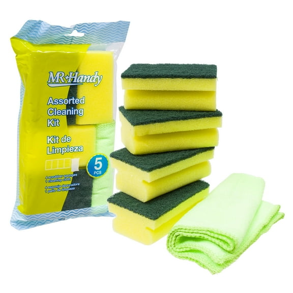 Mr Handy Assorted Cleaning KIT 4 scruber sponges and 1 cleaning cloth Multipurpose Multi Surface Power Scrubber Foam Cleaning Pads - Bathtub, Floor, Baseboard, Bathroom, Wall Cleaner