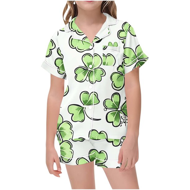 Odeerbi 2-12 Años Niños Niñas Verano St. Patrick'S Day Pijama de Satén Con Solapa de Muesca Conjunto de Pantalones Cortos Ropa de Dormir Conjuntos de Pijama