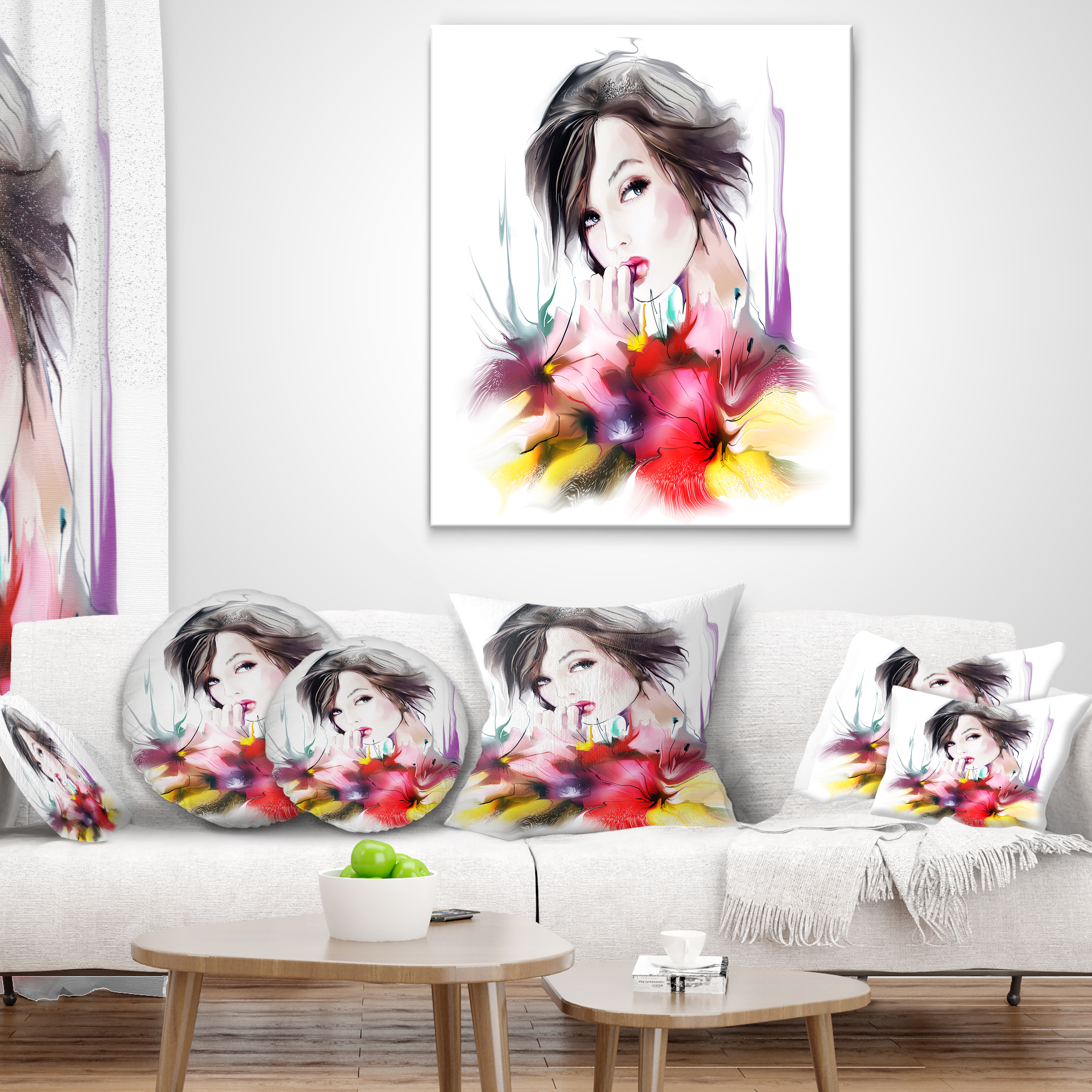 Designart Beautiful Woman with Black Hair - Abstract Portrait Throw Pillow - 12x20