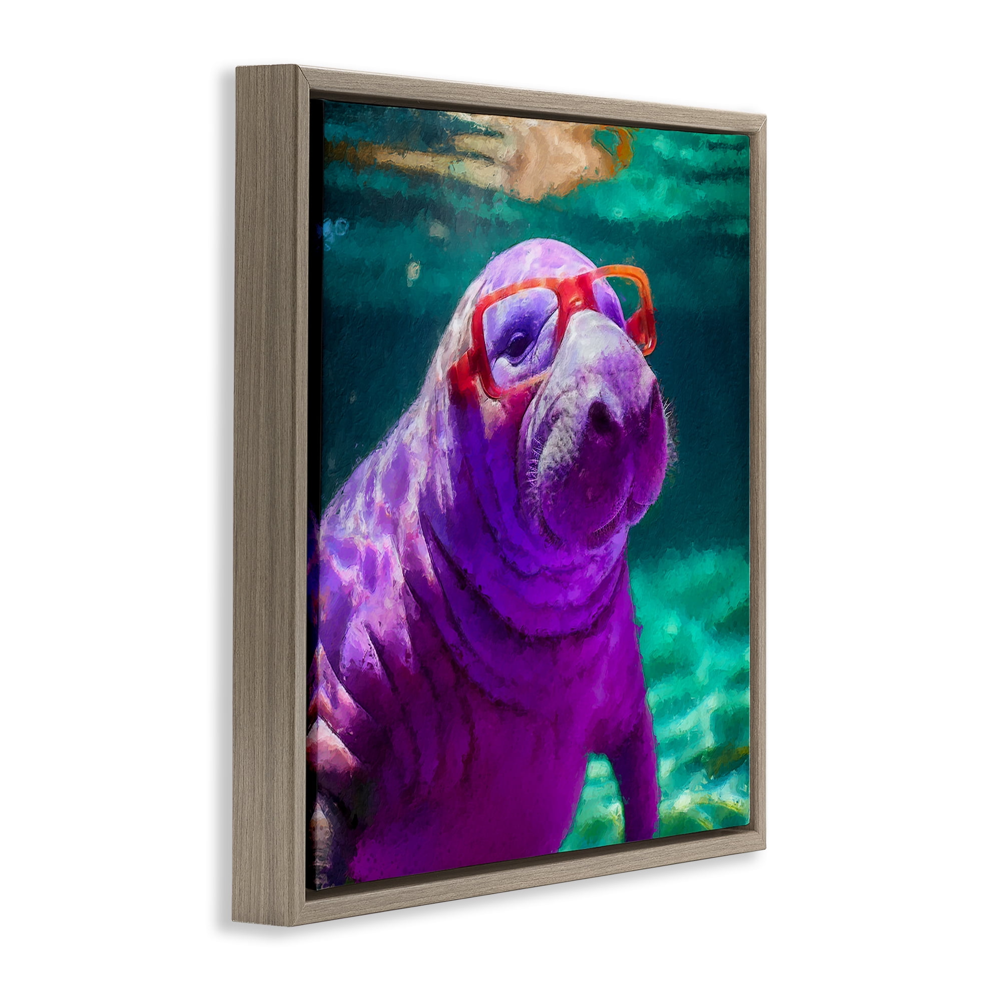 Stupell Industries Manatee with Glasses Animals & Insects Painting Brown Floater Framed Canvas Art Print Wall Art, 18 x 18