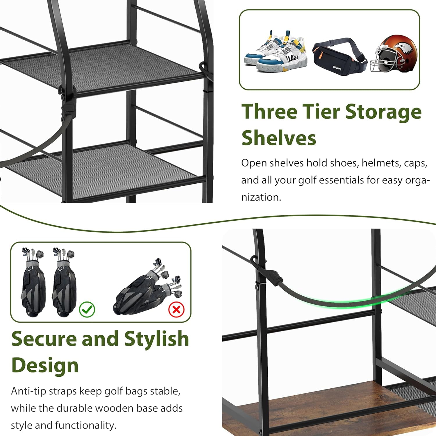 X-COSRACK Golf Bag Storage Organizer for Garage, Fits 2 Bags, Heavy-Duty Metal & Wood Equipment Stand with 3-Tier Shelves, Black